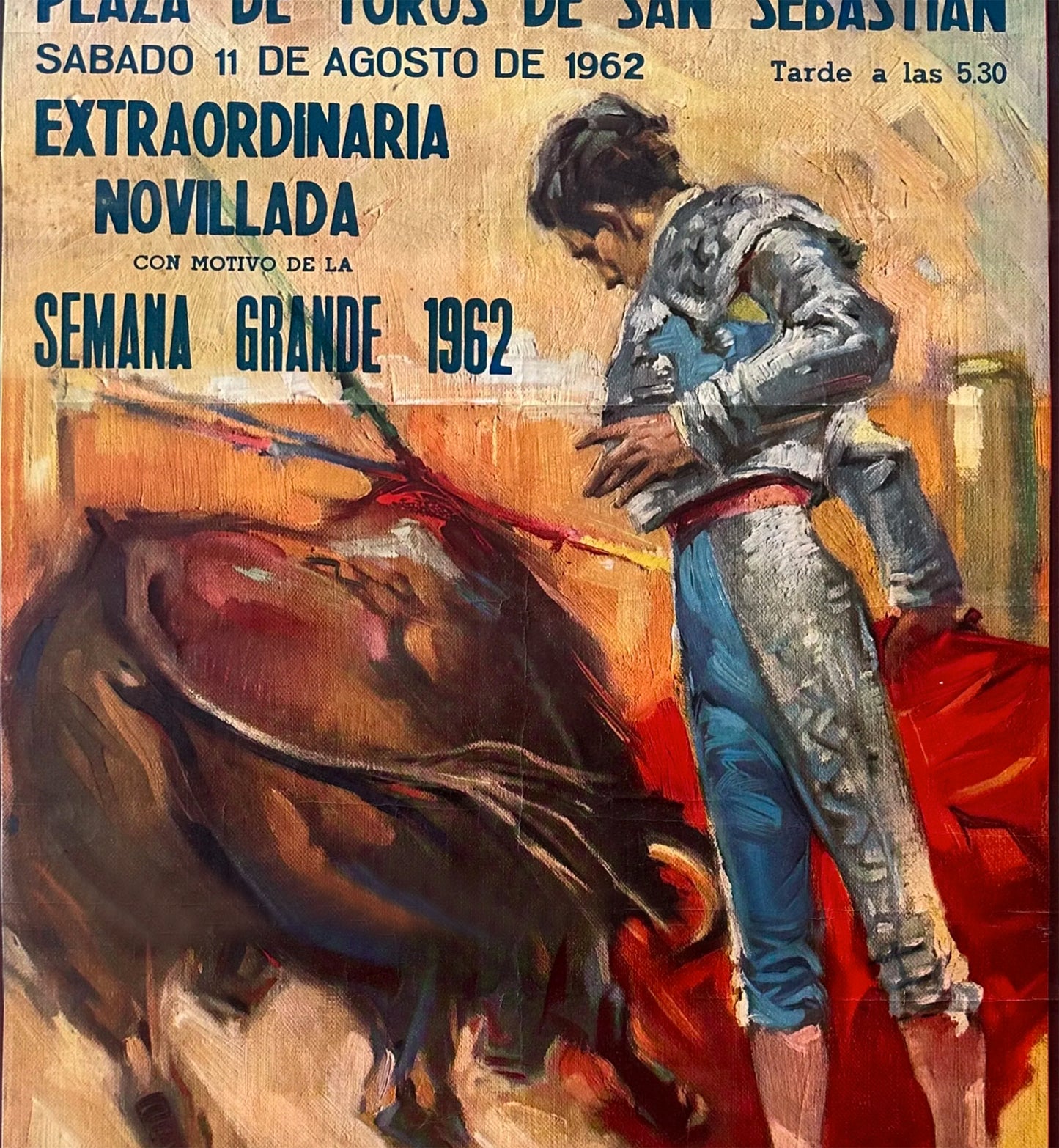 Plaza De Toros De San Sebastian Bull Poster Print Framed Canvas, Spain Poster, Bullfighting, Travel Tourism Poster, Vintage Poster