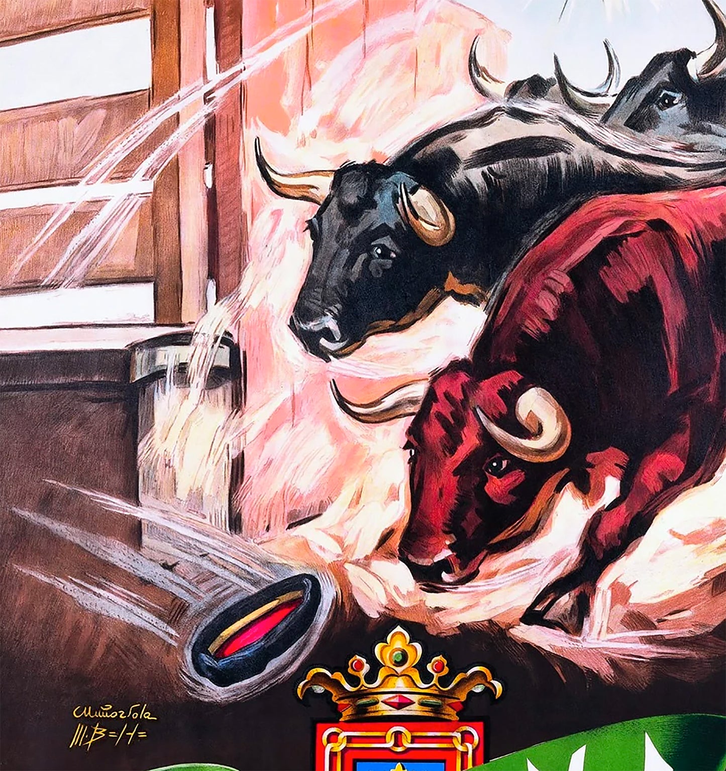 Pamplona, San Fermin 1955 Bulls Run Poster Print Framed Canvas, Spanish Poster, Tourism Travel Poster, Vintage Poster, Spain Poster