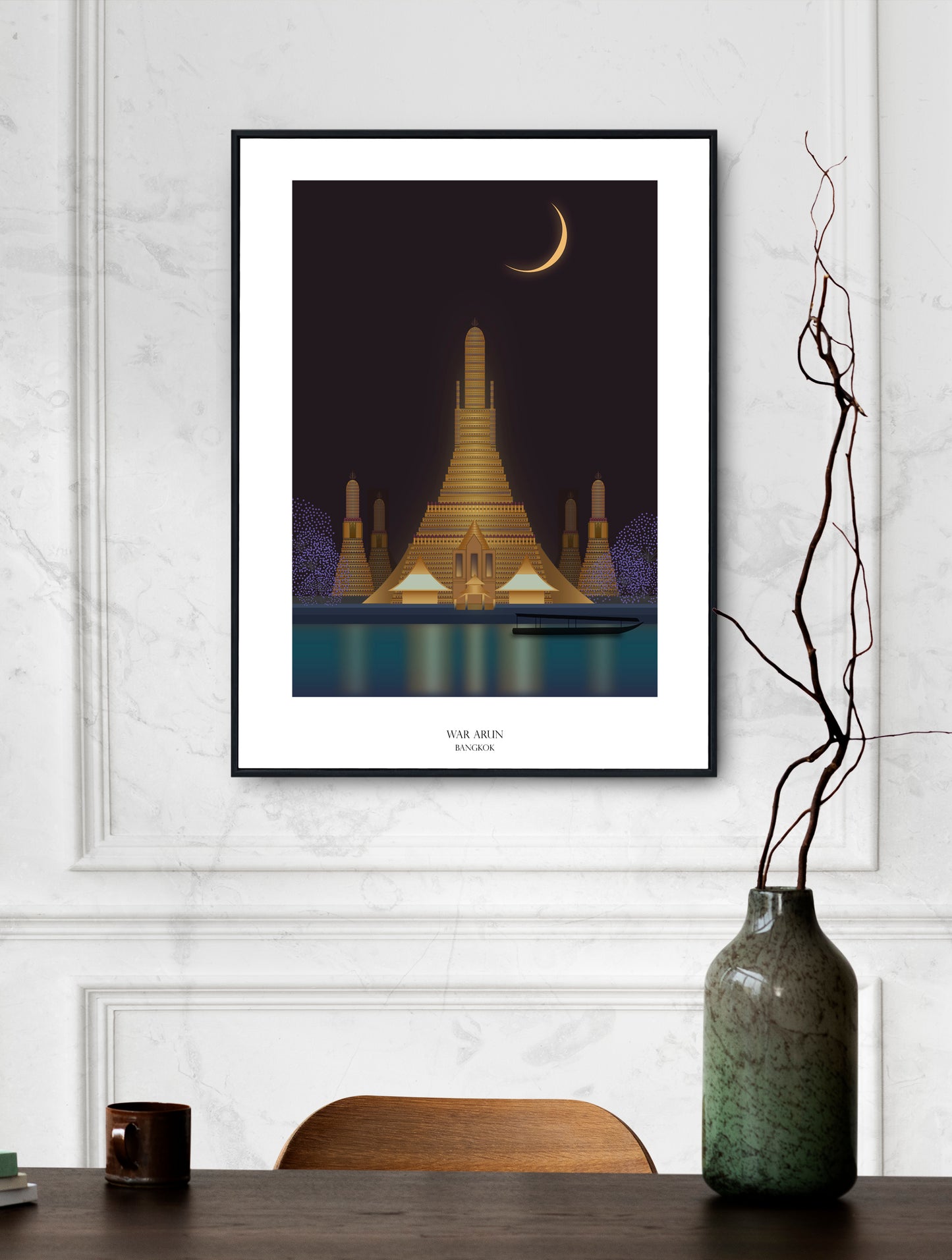 War Arun Poster Framed Canvas Print, Bangkok City Poster, Vector poster, Bangkok Thailand, abstract poster, illustration poster, canvas art