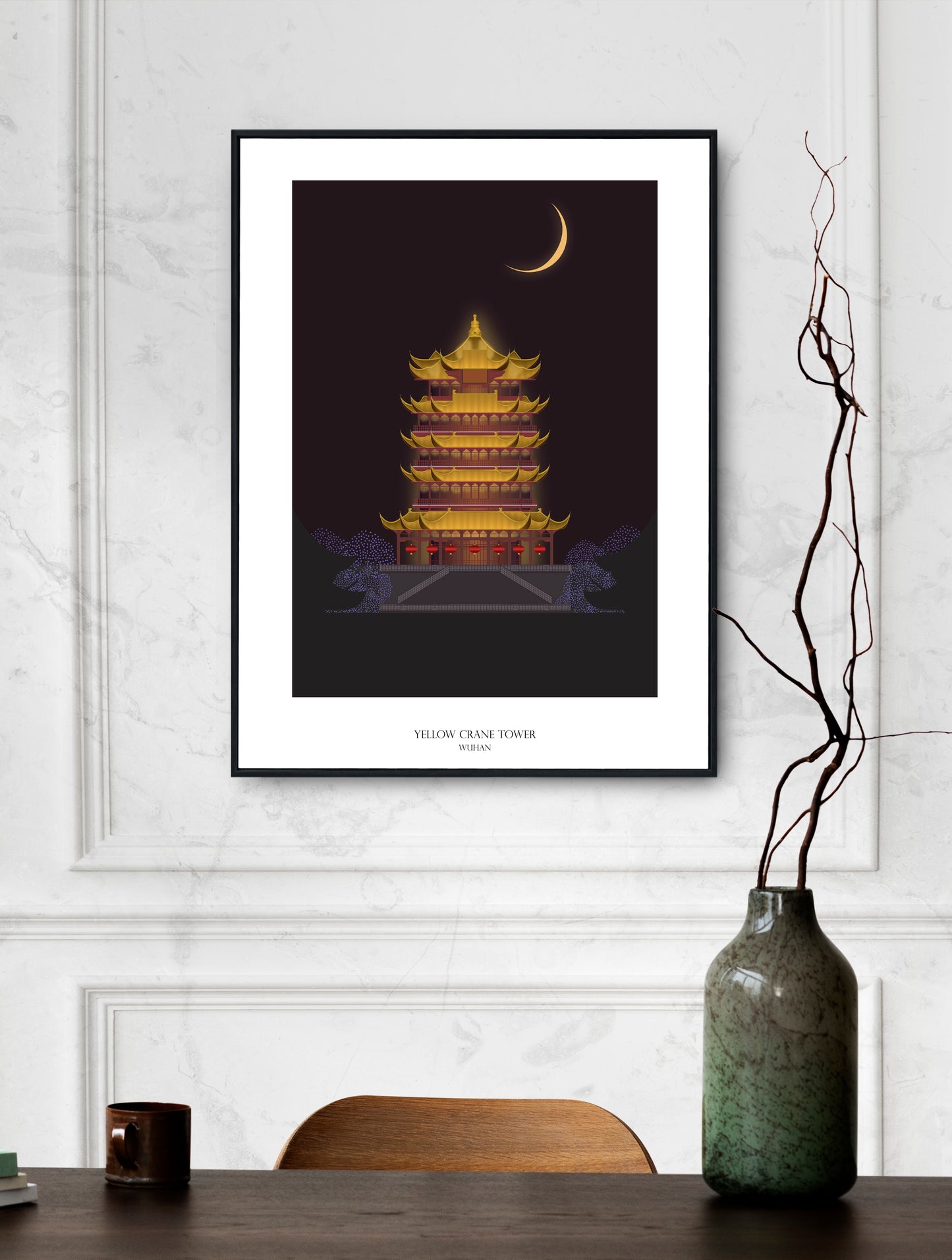 Yellow Crane Tower Poster Framed Canvas Print, Wuhan City Poster, Vector poster, China, abstract poster, illustration poster, canvas art