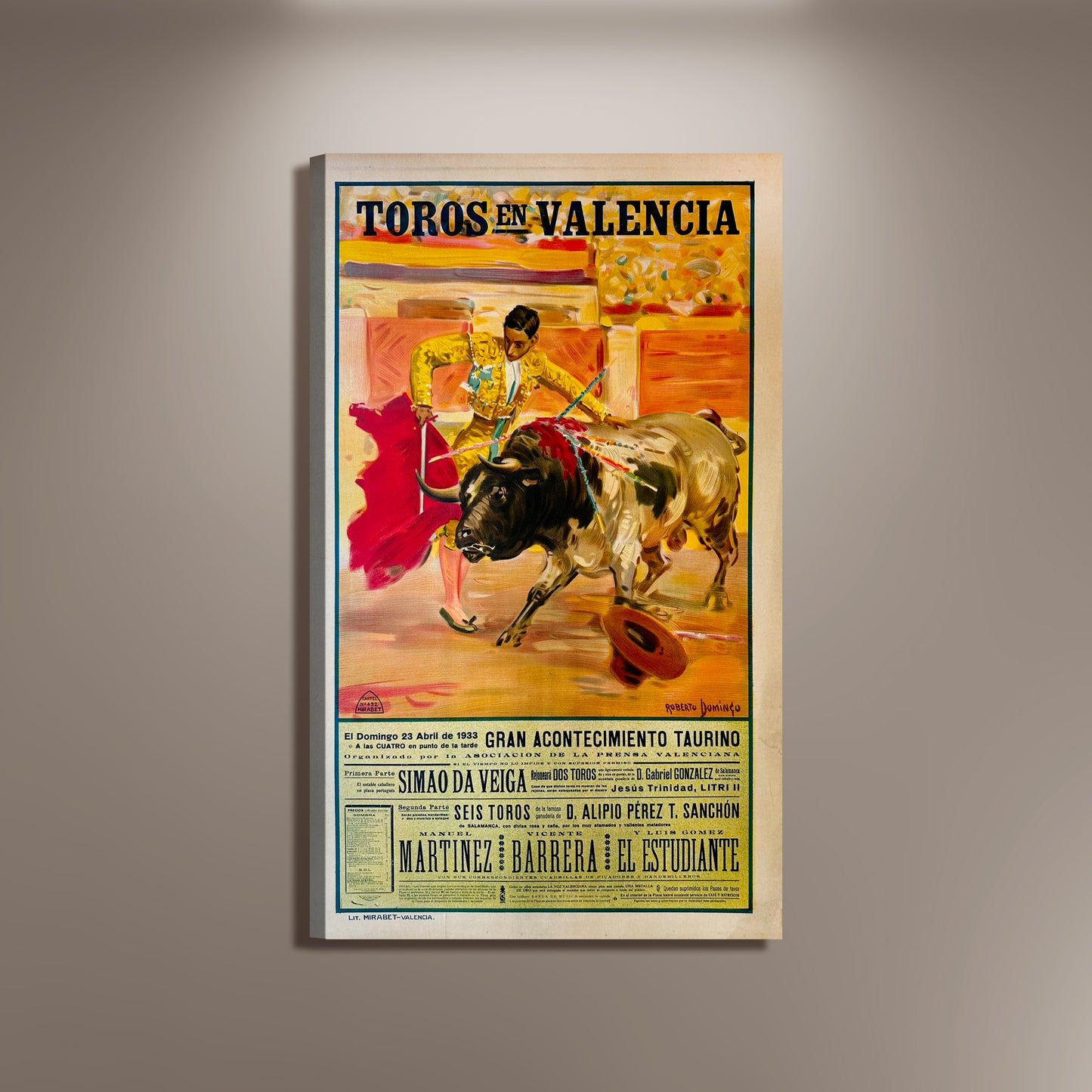 Toros en Valencia Spanish Bull Run Poster Print Framed Canvas, Spain Poster, Toros, Bullfighting, Tourism Travel Poster, Vintage Poster