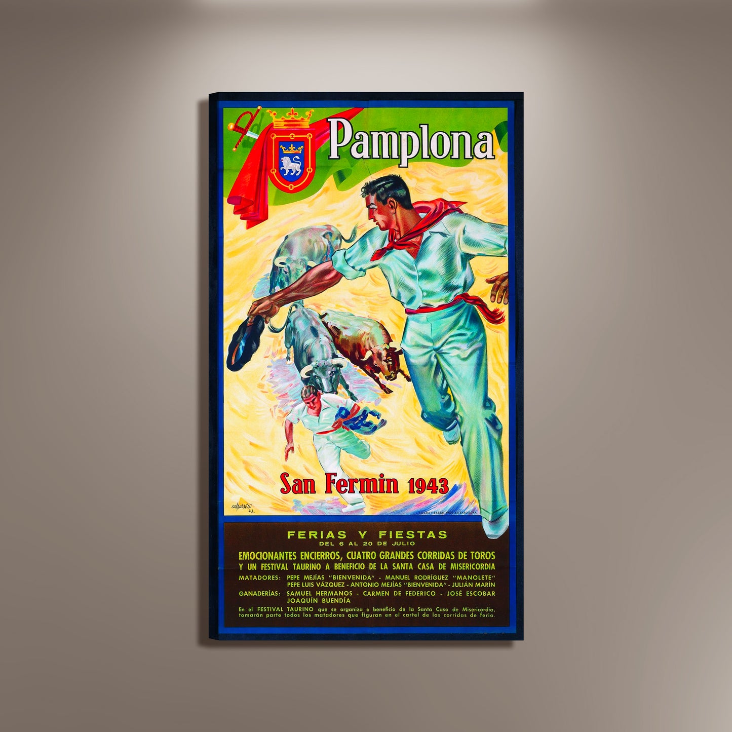 Pamplona San Fermin 1943 Bulls Run Poster Print Framed Canvas, Ferias Y Fiestas, Toros, Spain Poster, Tourism Poster, Vintage Poster