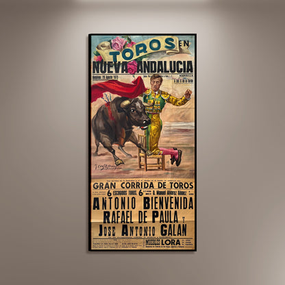 Toros en Nueva Andaluca Spanish Bull Run Poster Print Framed Canvas, Spain Poster, Bullfighting, Travel Tourism Poster, Vintage Poster