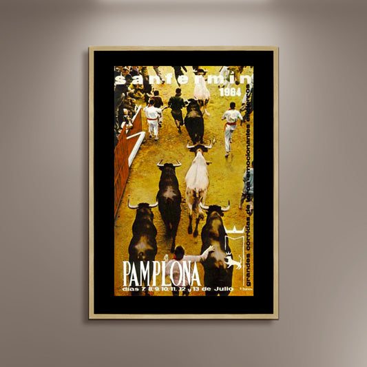Pamplona 1964, Running of The Bulls Spanish Poster Print Framed Canvas, San Fermin, Pamplona, Tourism Travel Poster, Vintage Poster