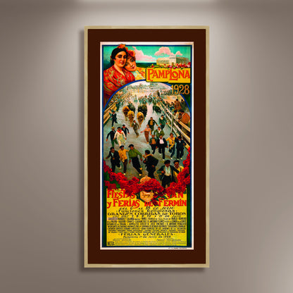 Pamplona 1928 Fiestas Y Ferias De San Fermin Spanish Bull Run Poster Print Framed Canvas, Spain Poster, Tourism Poster, Vintage Poster