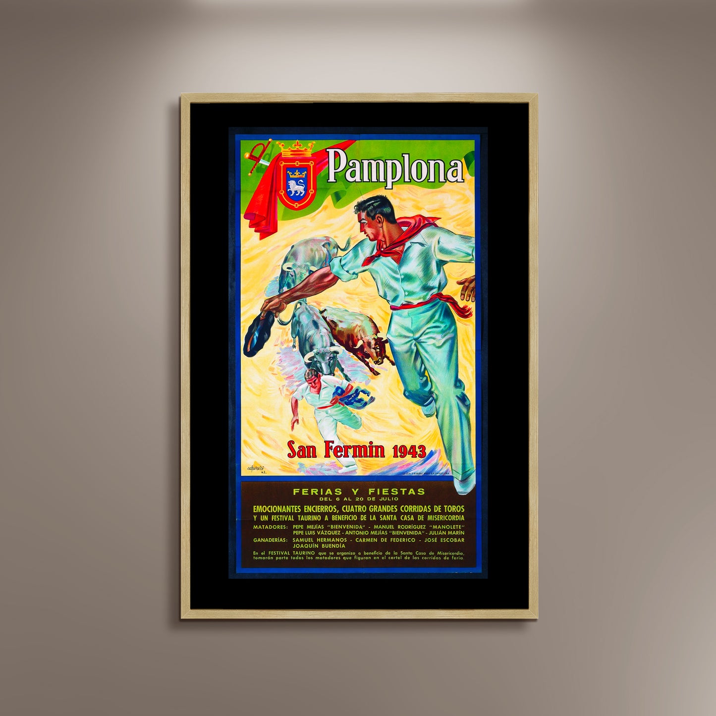 Pamplona San Fermin 1943 Bulls Run Poster Print Framed Canvas, Ferias Y Fiestas, Toros, Spain Poster, Tourism Poster, Vintage Poster