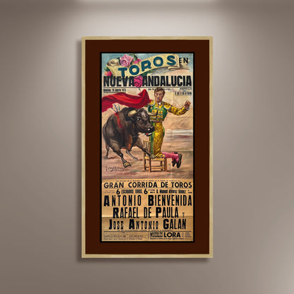 Toros en Nueva Andaluca Spanish Bull Run Poster Print Framed Canvas, Spain Poster, Bullfighting, Travel Tourism Poster, Vintage Poster