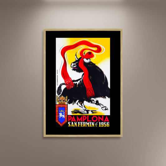 Pamplona, San Fermin 1956 Bull Poster Print Framed Canvas, Spanish Poster, Tourism Travel Poster, Vintage Poster, Spain Poster