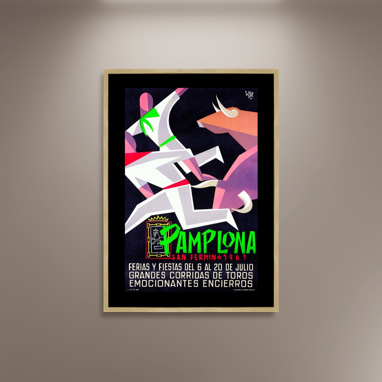 Pamplona, San Fermin 1961 Bulls Run Poster Print Framed Canvas, Spanish Poster, Tourism Travel Poster, Vintage Poster, Spain Poster