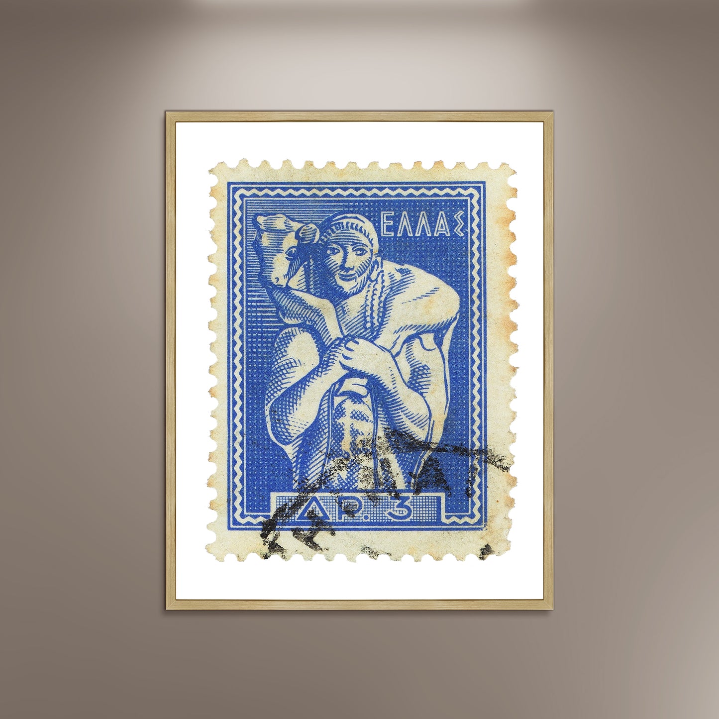 Ancient Greek Man Carrying a Calf Photo Poster Print Poster Framed, Picture Wall Art Decoration, Greece postage, Greek Postage, Stamps