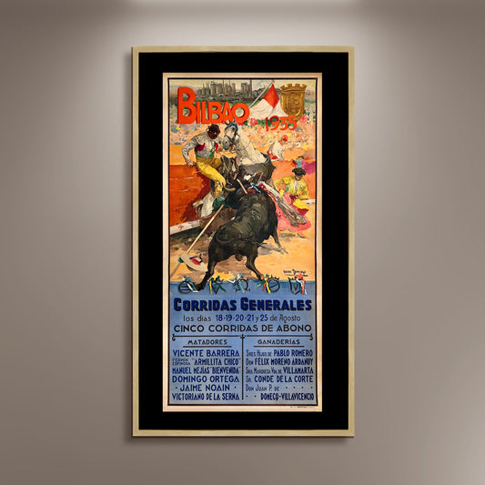 Bilbao 1935, Corridas Generales Spanish Bull Poster Print Framed Canvas, Toros, San Fermin, Pamplona, Tourism Travel Poster