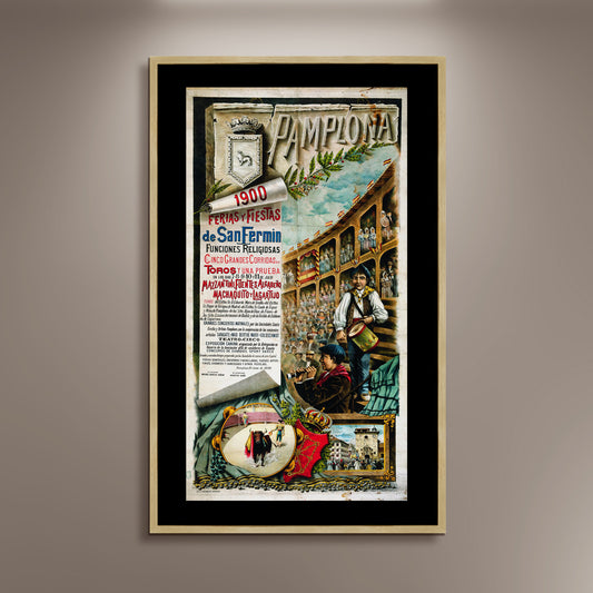San Fermin, Pamplona 1900 Spanish Travel Poster Print Framed Canvas, Toros, Spain Poster, Tourism Poster, Vintage Poster, gift canvas