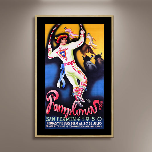 San Fermin Festival, Pamplona City 1950 Spanish Travel Poster Print Framed Canvas, Toros, Spain Poster, Tourism Poster, Vintage Poster