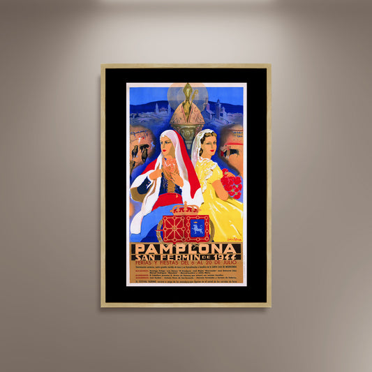 Pamploa Festival, Vintage Travel Spain Poster Print Framed Canvas, San Fermin Poster, Spanish Poster, Tourism Travel Poster, Vintage Poster