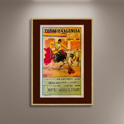 Toros en Valencia Spanish Bull Run Poster Print Framed Canvas, Spain Poster, Toros, Bullfighting, Tourism Travel Poster, Vintage Poster