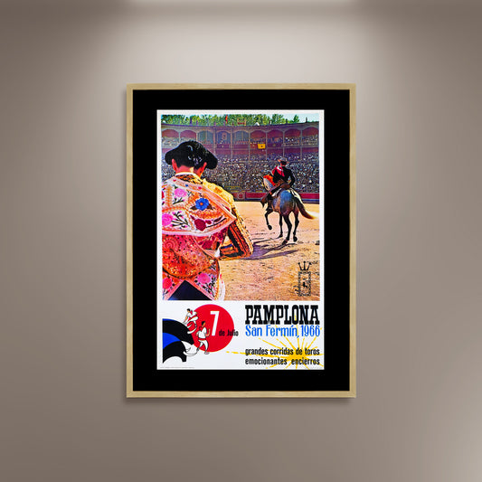 Pamplona San Fermin 1966 Spain Bull Run Poster Print Framed Canvas, Spanish Poster, Tourism Travel Poster, Vintage Poster, Spain Poster