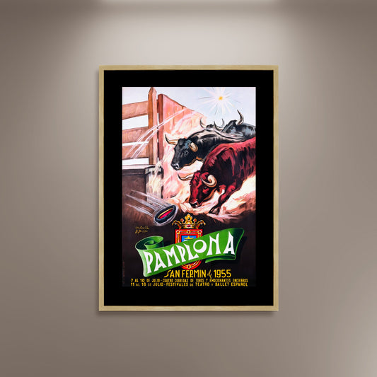 Pamplona, San Fermin 1955 Bulls Run Poster Print Framed Canvas, Spanish Poster, Tourism Travel Poster, Vintage Poster, Spain Poster