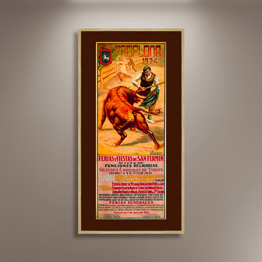 Pamplona 1924 Ferias Y Fiestas De San Fermin Bull Poster Print Framed Canvas, Toros, Spain Poster, Tourism Poster, Vintage Poster