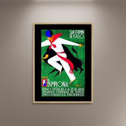 1960 Pamplona Spain Running of the Bulls Poster Print Framed Canvas, San Fermin, Pamplona, Travel Poster, Vintage Poster, Gift Canvas