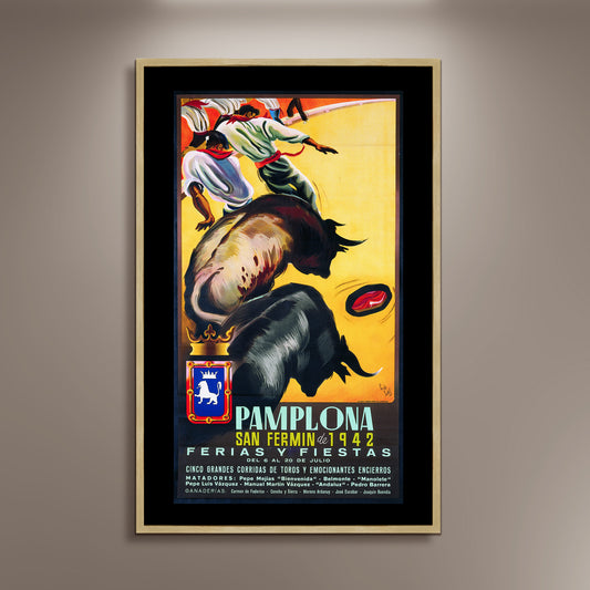 Pamplona, San Fermin Spanish Bull Poster Print Framed Canvas, Toros, Ferias y Fiestas, Pamplona, Tourism Travel Poster, Vintage Poster