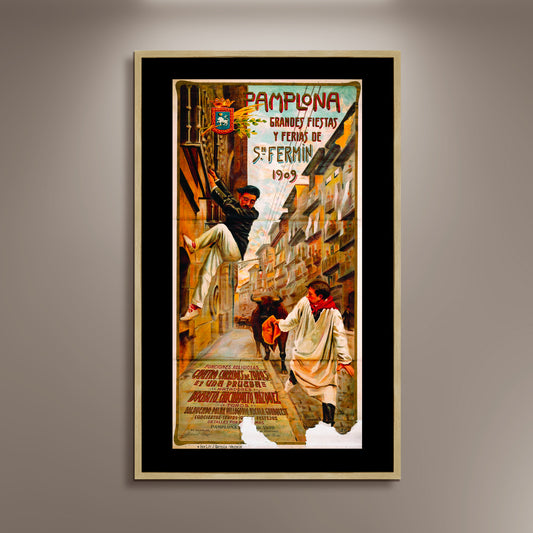 Pamplona City, Grandes Fiestas Y Ferias De San Fermin 1909 Poster Print Framed Canvas, Toros, Spain Poster, Tourism Poster, Vintage Poster