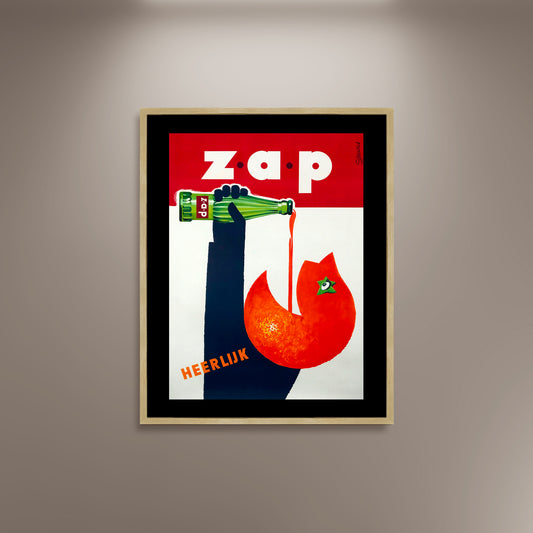 ZAP Delicious Orange Juice Zuiver 1955 Poster Print Framed Canvas, Advertising Poster, Vintage Poster gift canvas wall art