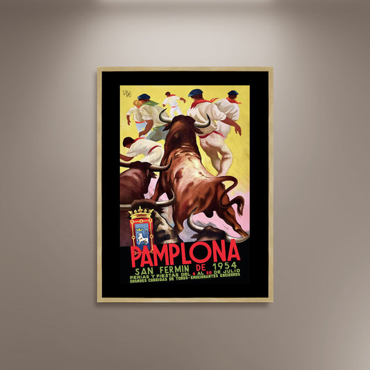 Pamplona City, San Fermin 1954 Bull Run Poster Print Framed Canvas, Bulls Poster, Tourism Travel Poster, Vintage Poster, Spain Poster