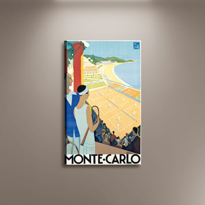 Monte Carlo, Tennis Monaco Art Poster Print Framed Canvas, Vintage Travel Poster, Tourism Poster Wall Art Decor