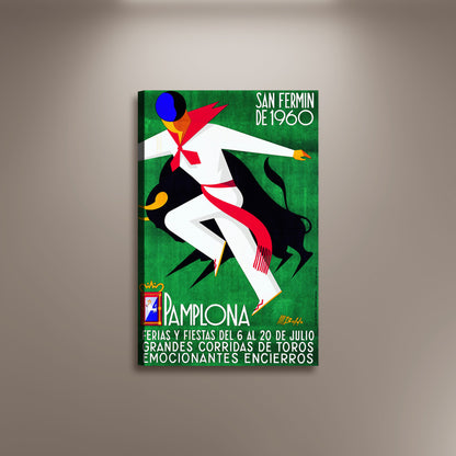 1960 Pamplona Spain Running of the Bulls Poster Print Framed Canvas, San Fermin, Pamplona, Travel Poster, Vintage Poster, Gift Canvas