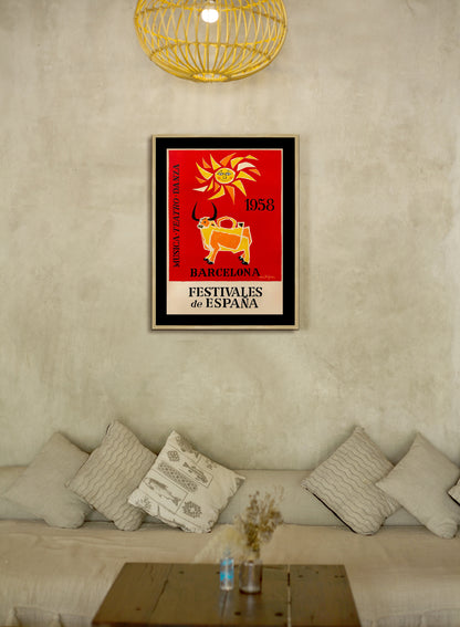 Festivales de España Barcelona Poster Print Framed Canvas, Musica, Teatro, Danza, Spain Poster, Tourism Travel Poster, Vintage Poster