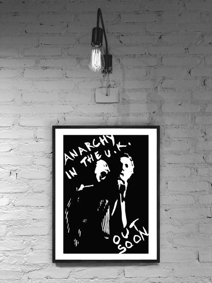 Jamie Reid, Anarchy in the UK 'Out Soon' Poster Print Framed Canvas, Black Anarchy, Punk Poster, Vintage Poster, gift canvas