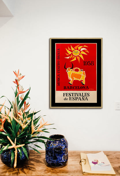 Festivales de España Barcelona Poster Print Framed Canvas, Musica, Teatro, Danza, Spain Poster, Tourism Travel Poster, Vintage Poster