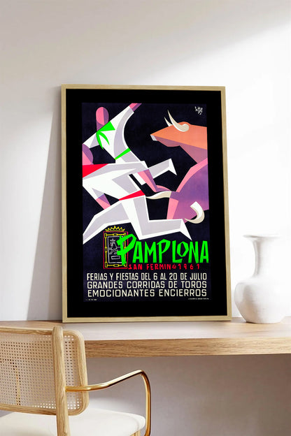 Pamplona, San Fermin 1961 Bulls Run Poster Print Framed Canvas, Spanish Poster, Tourism Travel Poster, Vintage Poster, Spain Poster