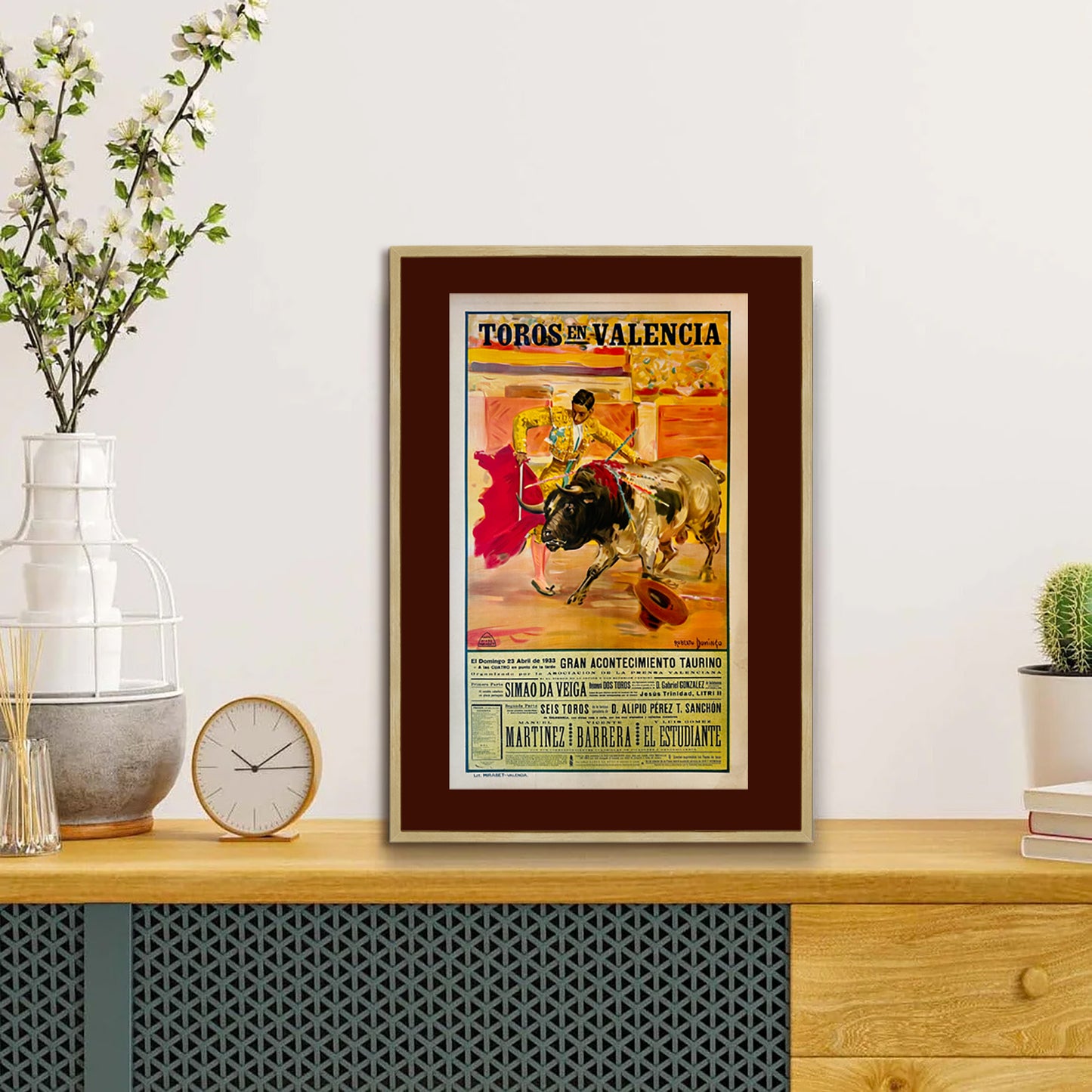 Toros en Valencia Spanish Bull Run Poster Print Framed Canvas, Spain Poster, Toros, Bullfighting, Tourism Travel Poster, Vintage Poster