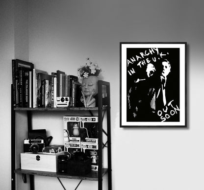 Jamie Reid, Anarchy in the UK 'Out Soon' Poster Print Framed Canvas, Black Anarchy, Punk Poster, Vintage Poster, gift canvas