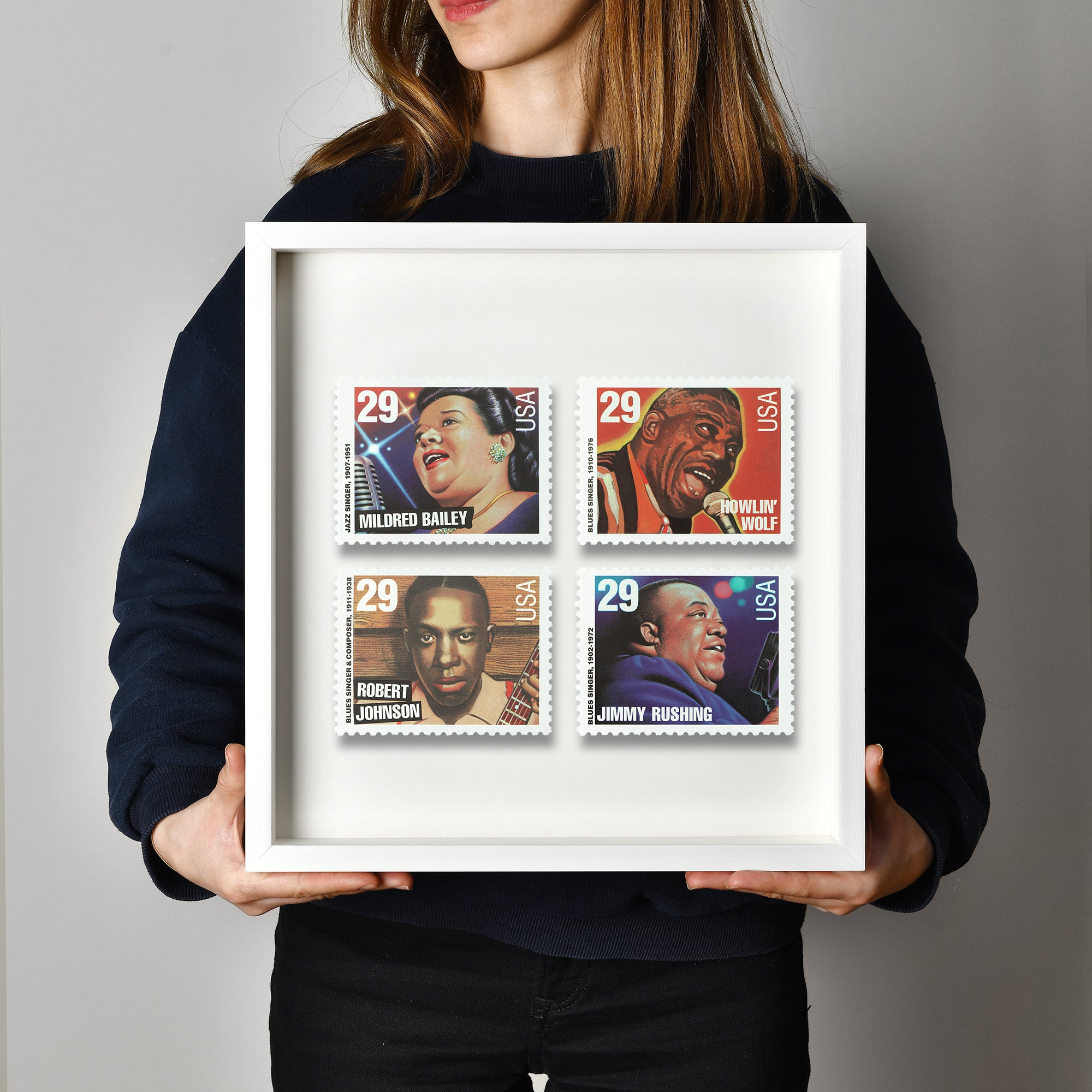 The Most Popular Jazz Singers 4 Pcs Stamp Postage Picture Poster Framed Floating, American Stamp, American Famous Singer Stamp
