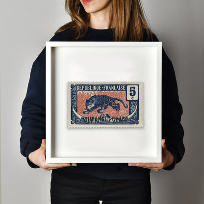 French Republic, Leopard Stamp Postage Poster Framed Floating, Vintage African Stamp, Wall Art Decoration