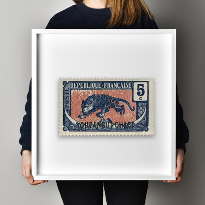 French Republic, Leopard Stamp Postage Poster Framed Floating, Vintage African Stamp, Wall Art Decoration