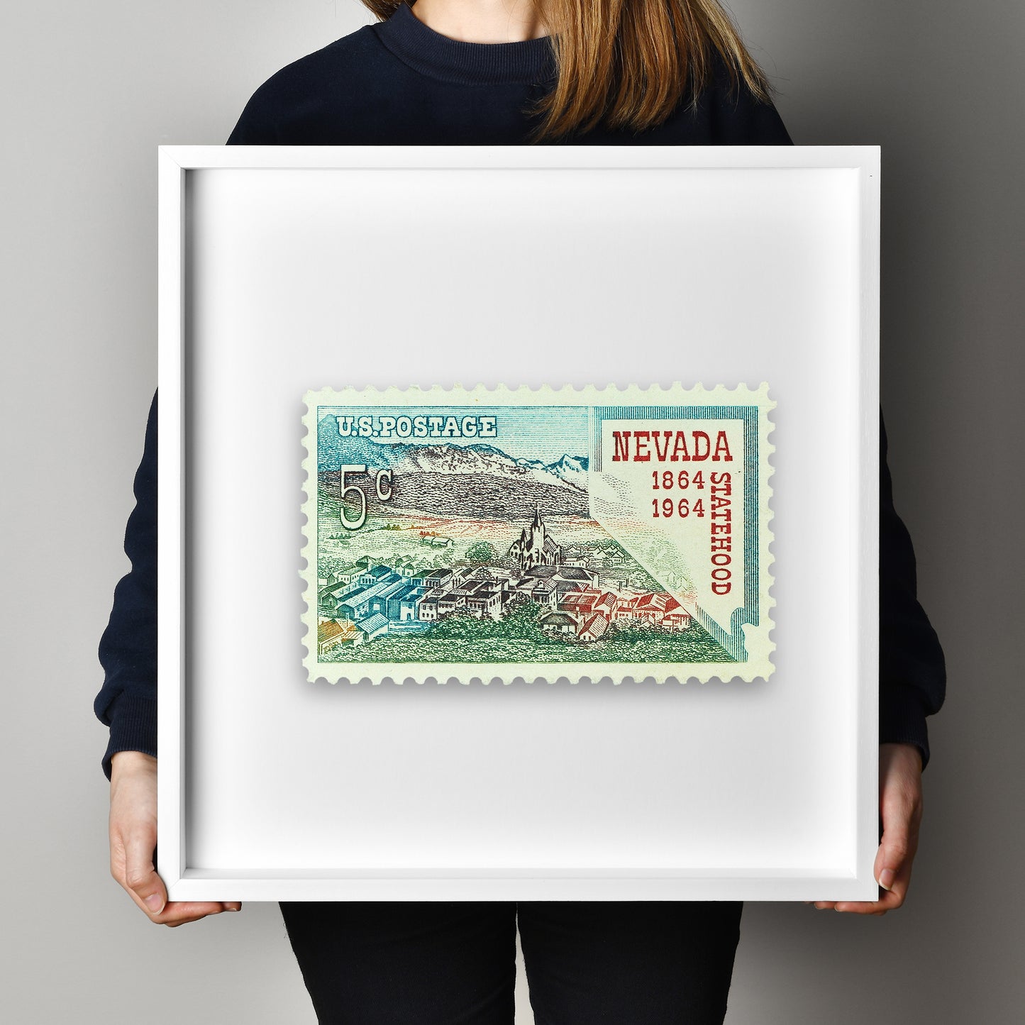 Nevada Statehood Stamp Poster Framed Floating, United States of America Postage Stamp