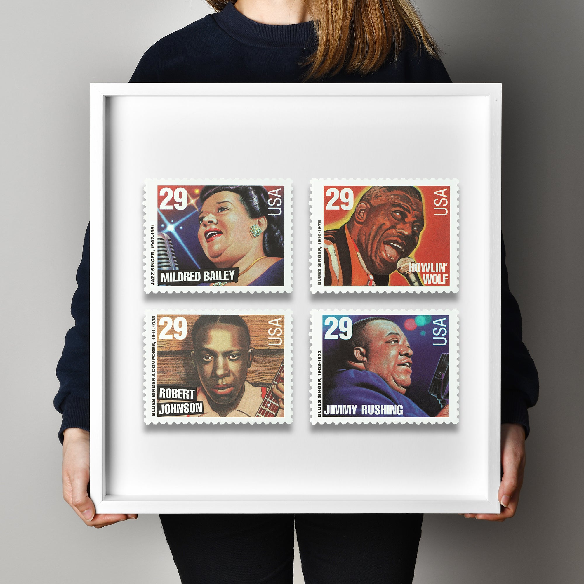 The Most Popular Jazz Singers 4 Pcs Stamp Postage Picture Poster Framed Floating, American Stamp, American Famous Singer Stamp
