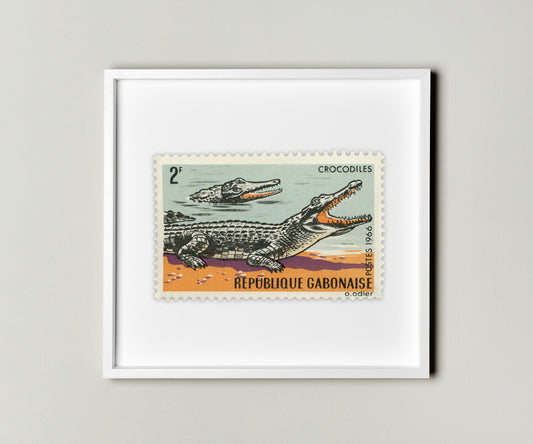 Gabon Postage Stamp Slender Snouted Crocodile Poster Framed Floating, Vintage African Stamp, Wall Art Decoration