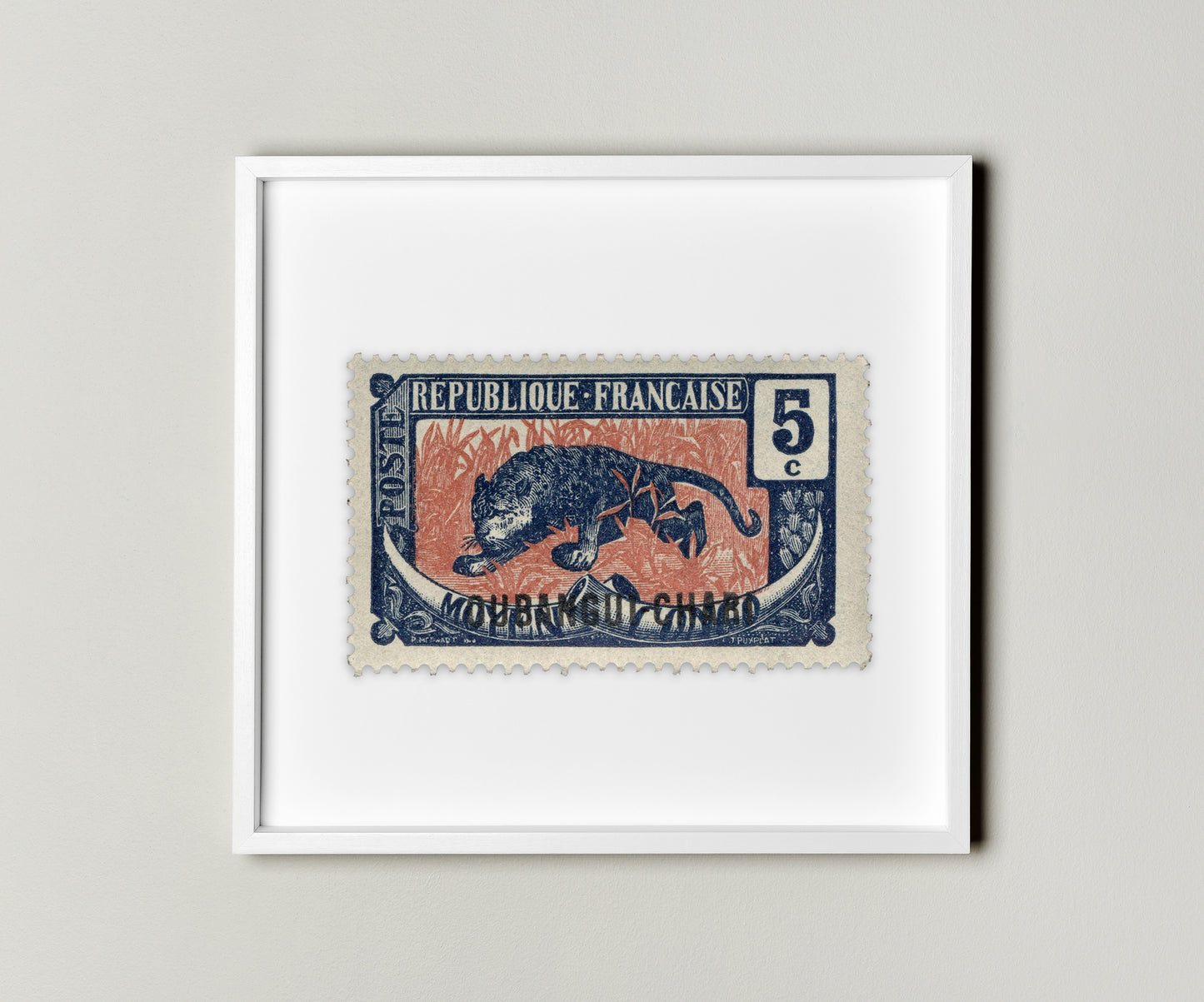 French Republic, Leopard Stamp Postage Poster Framed Floating, Vintage African Stamp, Wall Art Decoration