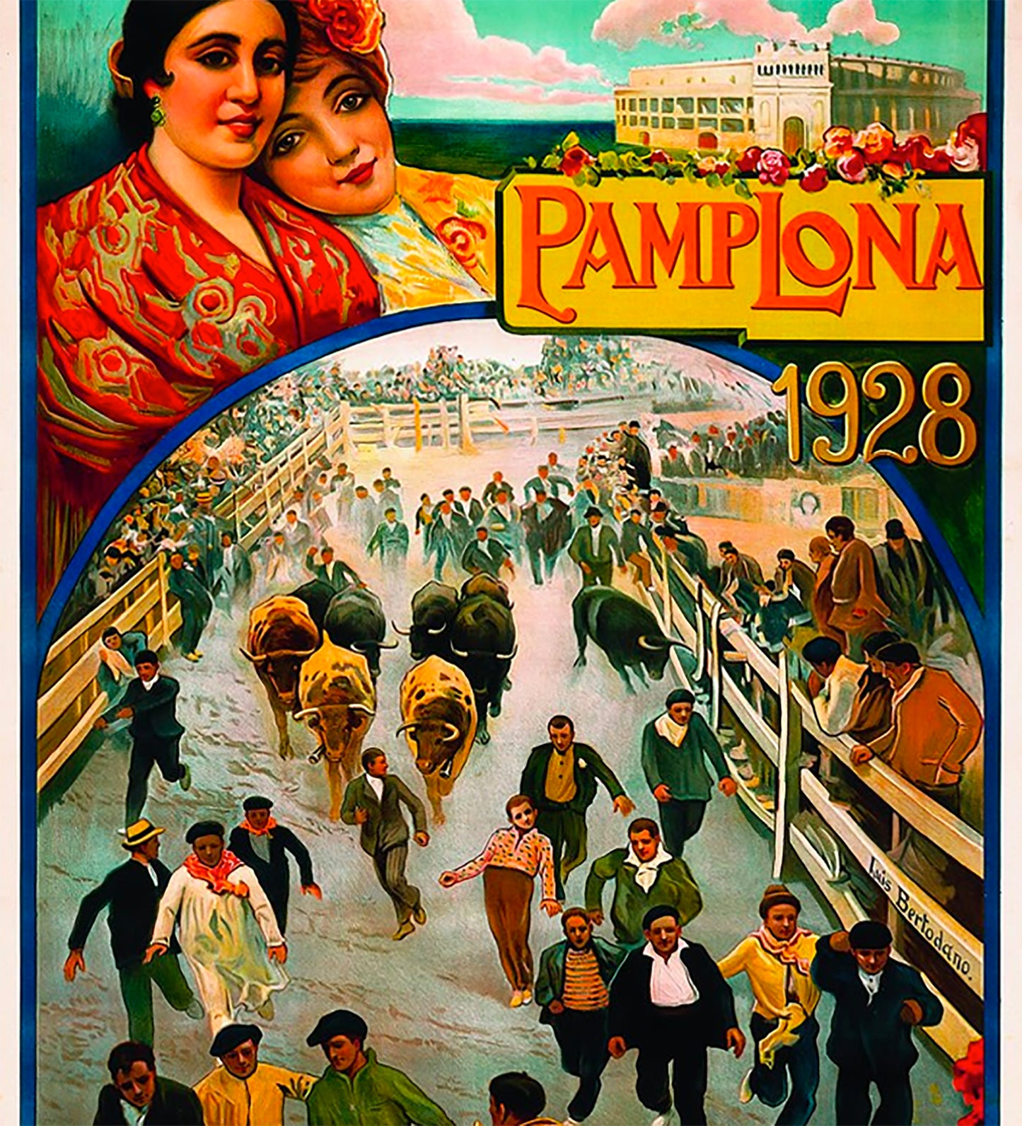 Pamplona 1928 Fiestas Y Ferias De San Fermin Spanish Bull Run Poster Print Framed Canvas, Spain Poster, Tourism Poster, Vintage Poster