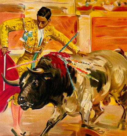 Toros en Valencia Spanish Bull Run Poster Print Framed Canvas, Spain Poster, Toros, Bullfighting, Tourism Travel Poster, Vintage Poster