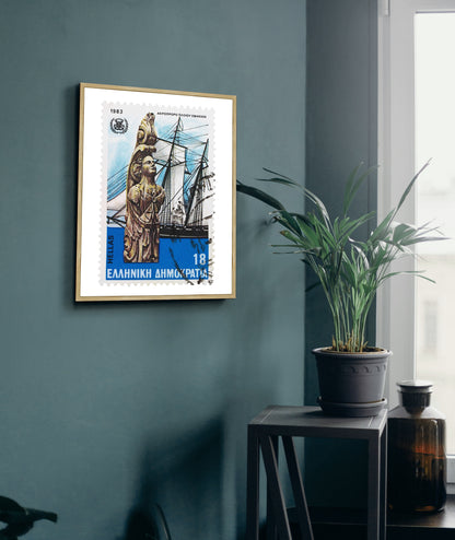 Greek Postage Stamp Figurehead of a Skafia ship, preserved at Heraklion Photo Poster Print Poster Framed, Picture Wall Art Decoration, Greek