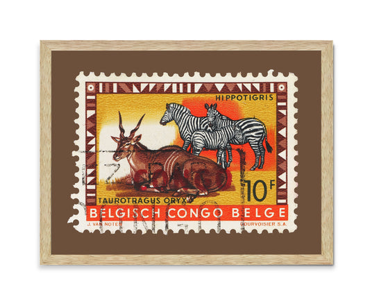 Belgisch Congo Belge Stamp, Vintage African Stamp Art Postage Framed Canvas Print, African Hippotigris, African Zebra, Travel Poster Prints