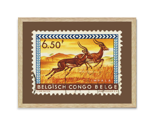 Belgisch Congo Belge Stamp, Vintage African Stamp Art Postage Framed Canvas Print, African İmpala, African animal, Travel Poster Prints