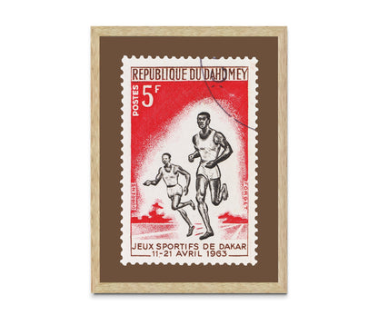 Republic of Dahomey Stamp, Vintage African Stamp Art Postage Framed Canvas Print, Dakar Sports Games, Travel Poster Prints