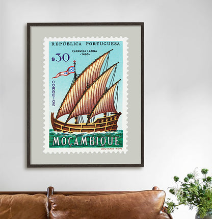 Portuguese Stamp Collection, Moçambique Ship, Philately, Wall Hanging, Home Decor, Poster, Gift idea