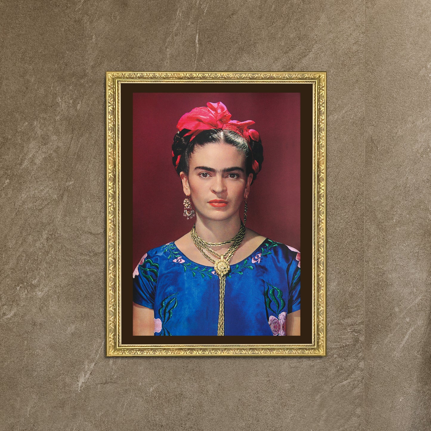 Frida Kahlo Portrait with blue satin blouse Exclusive Frame Canvas, Frida Kahlo style, New York 1939, Mexico, canvas Wall Art Decoration